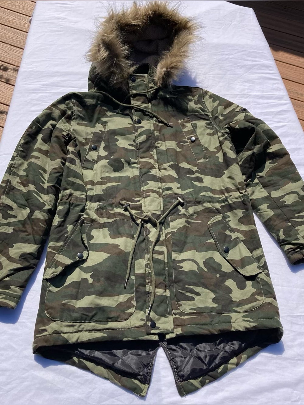 Carbon Camouflage Utility Fishtail Hooded Parka Mens S Quilted Faux Fur